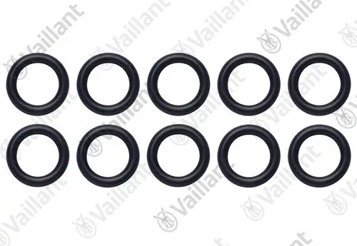 Schwarze O-Ringe in zwei Reihen angeordnet, insgesamt zehn Stück, möglicherweise für Vaillant-Produkte geeignet.